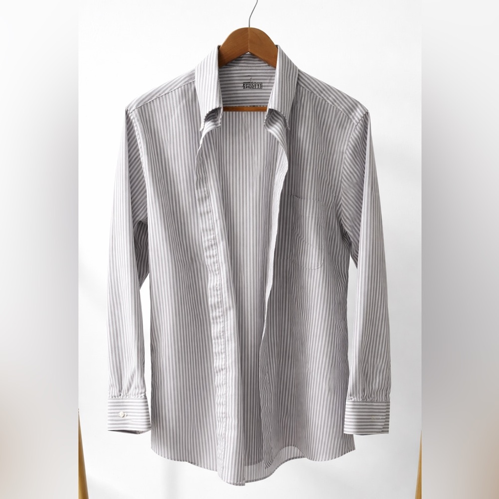 Stafford Men's White and Purple-Gray Striped Dress Shirt